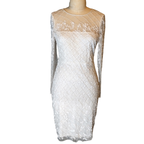 Adrianna Papell White Hand Beaded Long Sleeve Sheath Formal Dress Size 8 - Picture 2 of 16